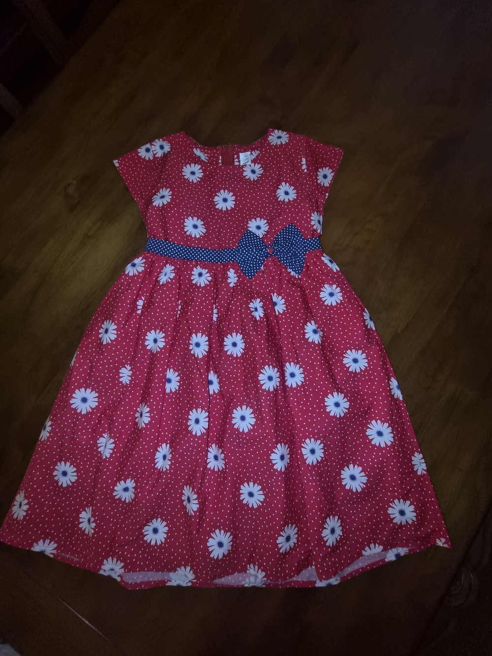 Grace Red Daisy Print Casual Dress with Blue Bow Sz 8-9